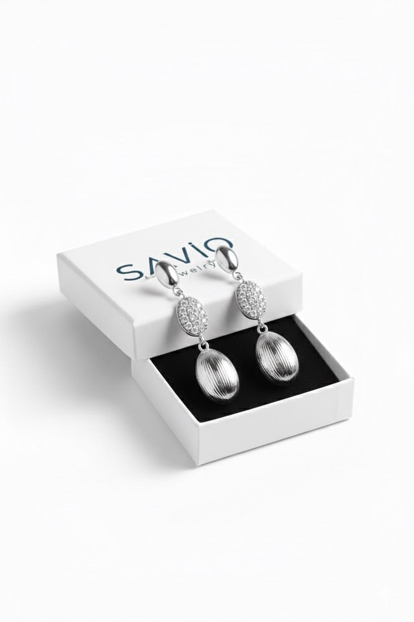 Savio Gümüş Oval Parlak Yüzeyli Kristal Taş detaylı 925 Gümüş Küpe